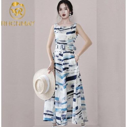New Long Dress Summer Women Fashion Bandage Mid-Calf Sleeveless Beach Printing Dress A Line Dress Vestido With Belt