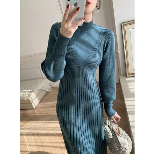 Womens Autumn Winter Woolen Dress 2021 New High Collar A-line Long Knitted Dress Eleagnt Ladies Bottom Vestidos