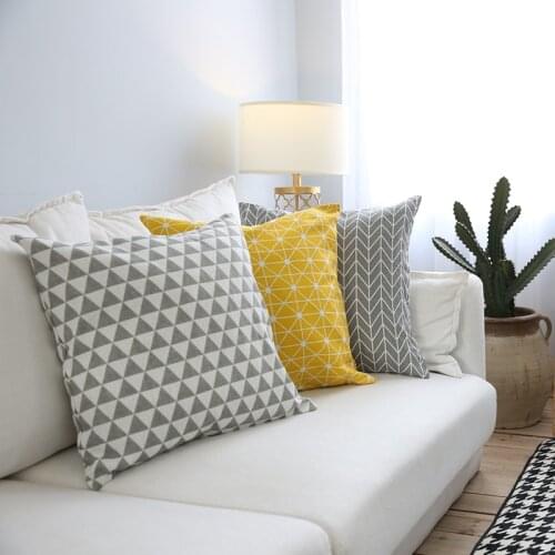 1pc Nordic Style Geometry Pattern Printed Throw Pillow Cover Linen Cotton Cushion Cover Yellow Grey Home Sofa Decor 60x60cm