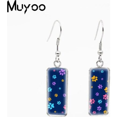2021 New Fashion Dog Pets Paw Prints Patterns Handcraft Jewelry Glass Cabochon Rectangle Dangles Earrings