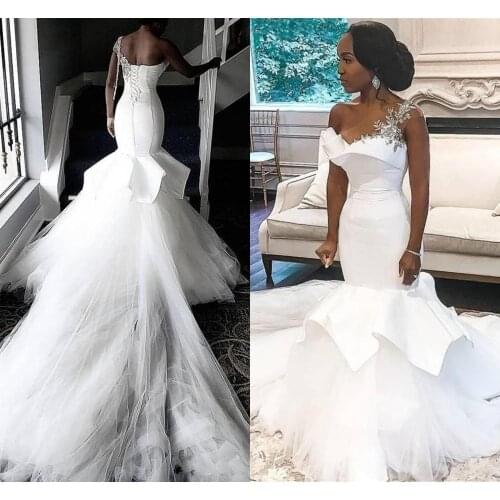 African One-Shoulder Crystal Wedding Dresses Mermaid Beaded Lace Up Plus Size Bridal Gowns Bride Dress Robe De Mariee 2020