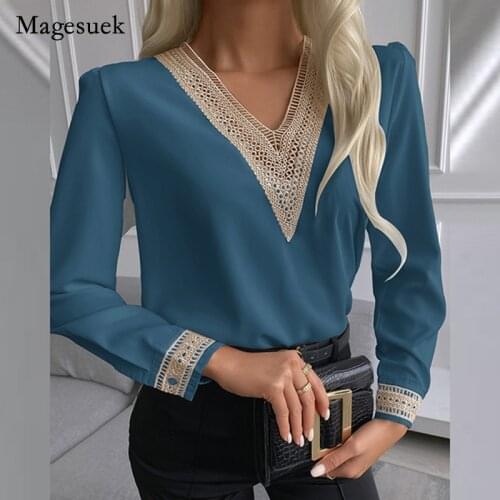 Satin Silk Long Sleeve Women Blouse Tops Autumn New Lace V Neck Embroidery Shirt Women Casual Solid Chiffon Shirts Blusas 15777