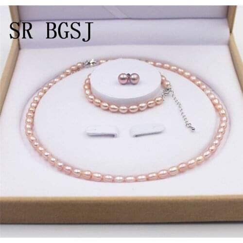 Free Shipping 2019 Fashion Women Jewelry Natural Rice Freshwater Pearl Knot Necklace Braclet Earrings Pearl Set