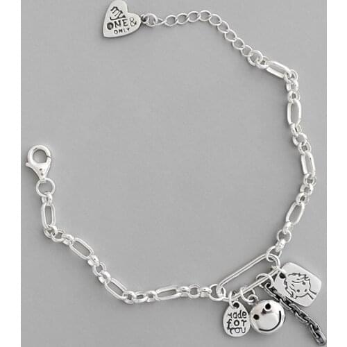 XIHA 925 Sterling Silver Bracelets for Women Geometric Smiley Face Charm Bracelet Korean Fashion Chunky Statement Jewelry