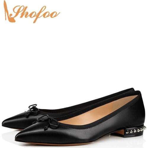 Black Studs Ballet Flats Low Heels Butterfly-Knot Pointed Toe Woman Shoes Office Ladies Footwear Casual