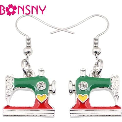 Bonsny Enamel Alloy Sewing Machine Earrings Drop Dangle Big Long Novelty Jewelry For Women Girls Gift Party Accessories Original
