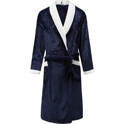 Intimate Lingerie Coral Fleece Pajamas-set Home Dressing Gown Navy Blue Sleepwear Full Sleeve Kimono Bathrobe Gown For Female