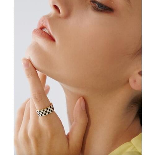 HuangTang Trendy Heart Grid Ring Sets for Women Men Black Write Enamel Couple Rings Charming Jewelry Party Accessories 19767