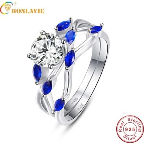 BONLAVIE Wedding Band Couple Ring Sets Horse Eye Shape Blue Sapphire Tanzanite Rings 925 Sterling Silver Fine Jewelry Ring