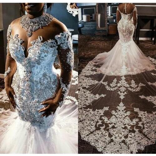 Top Lace Mermaid Wedding Dresses 2022 Tulle Lace Applique Beaded Crystals Long Sleeves Wedding Bridal Gowns detachable tra