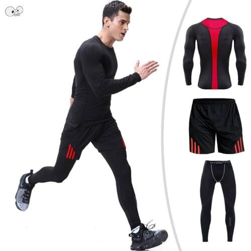 2019 Long Sleeve Shirt+Shorts+Legging 3Pcs Men Sport Suit Dry Fit Sportswear Clothing Gym Fitness Jogging Basketball Running Set