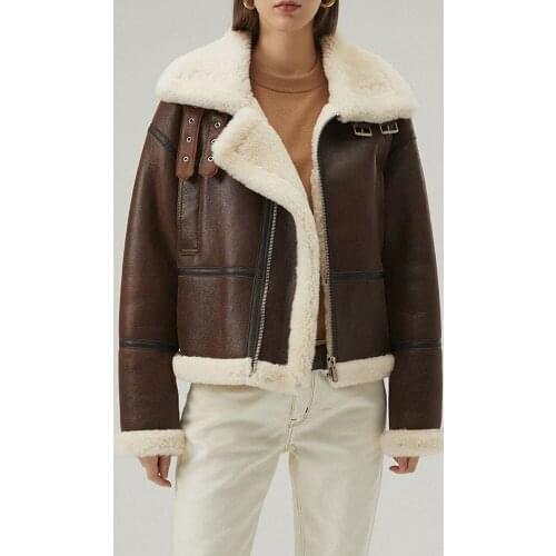 New Womens Shearling Jacket Short Fur Coat Brown Leather Jacket Thicken Wool Coat Winter Motorcycle Jacket