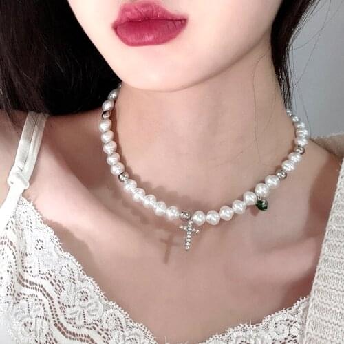 Irregular Imitation Pearl Angel Necklace for Women Cross Silver Chain Necklace Choker Necklace Women Luxury Jewelry on the Neck