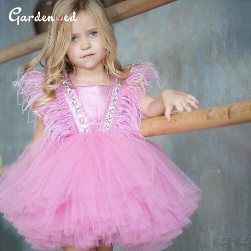 Puffy Feathers Ball Gown Princess Dress Beading Girl Birthday Dress Christmas Party Dress vestido de festa de casamento