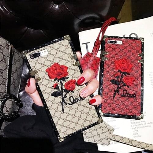 Luxury 3D Rose Embroidery Phone Case for Samsung S21 Ultra S20 FE S10 Lite S9 S8 Plus with Handing Rope Square TPU Back Cover