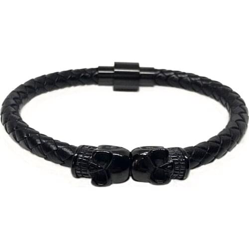 IRBACOO 2020 Luxury 316L Stainless Steel Men Bracelet Braided Leather With Skull Charm & Magnetic Buckle For Charm Bracelets