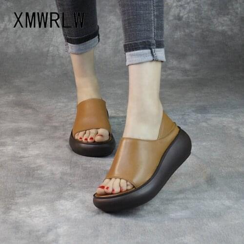 XMWRLW Womens Sandals 2020 Summer Genuine Leather Retro Ladies Shoes Women Handmade Sandals Thick Sole Summer Woman Shoes