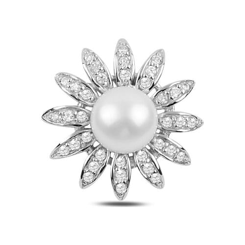 Silver 925 Sterling Pearl & Zircon Crystal Flower Necklace Pendant