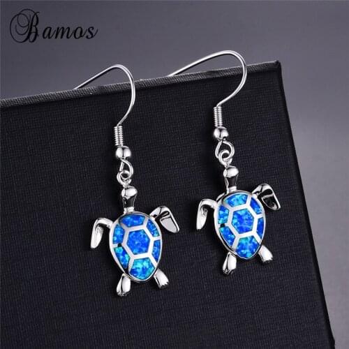 Bamos Fashion Ocean Blue Opal Turtle Drop Earrings Cute Animal Dangle Earrings For Women Silver Color Statement Jewelry