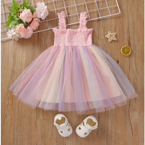 Sweety Girls Slip Dress Summer Children Creative Rainbow Mesh Splicing Sleeveless Suspender Princess Party Dresses Costume