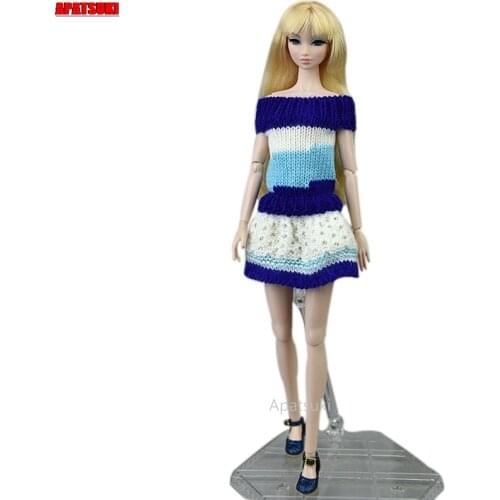 Blue Pure Manual Knitted Handmade Sweater Outfits For Barbie Doll Clothes Woven Dress 1/6 Dollhouse Accessories DIY Toys