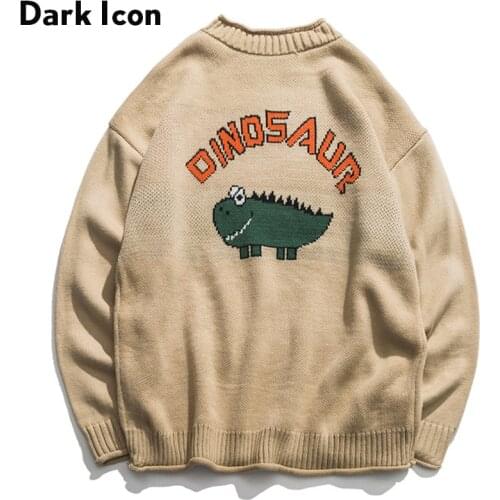 Dinosaur Lovely Sweater Men 2018 Winter Pullover Mens Sweaters Oversized Boy Student Sweater Black Khaki