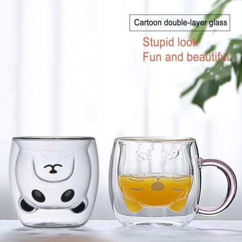 Heat Resistant Double Wall Glass Cup Mugs Borosilicate 2-layer 260ml Glass Cute Panda Cat Tea Coffee Cup 2021 NEW