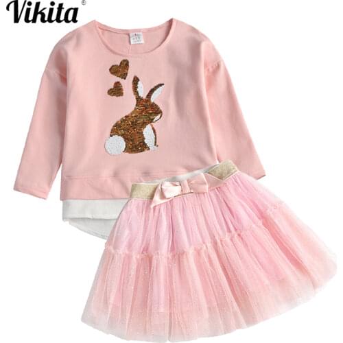 VIKITA Kids Baby Girl Birthday Outfits Tops Cartoon Sequins Cotton T-shirt + Princess Mini Bow Skirt Sets Girls Autumn Clothes