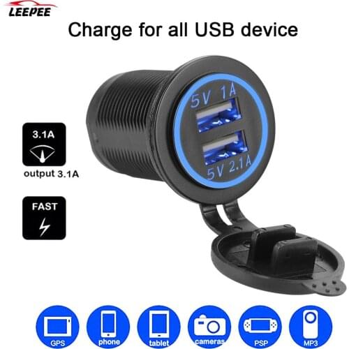Dual USB Charger 12-24V Power Socket 3.1A Outlet Adapter LED Light Waterproof for Auto Marine Motorcycle Truck