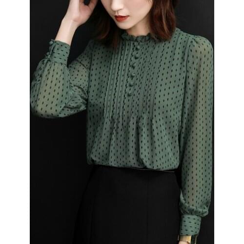 Womens Tops and Blouses Chiffon Blouse Shirts Casual Long Sleeve O-Neck Polka Dot Printed Shirt Blusas