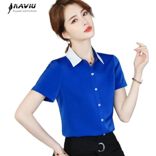 Short Sleeve Blue Shirt Women 2021 Summer New Temperament Formal Chiffon Slim Blouses Office Ladies Fashion Work Tops Red