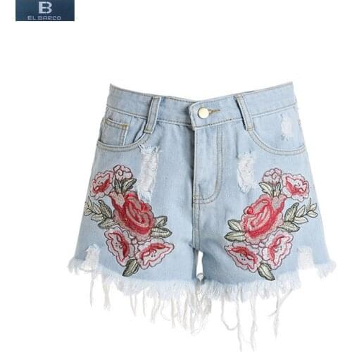 [EL BARCO] 2017 New Summer Cotton Floral Embroidery Casual Shorts Women Denim Jeans Ripped Holes Pockets Blue Female Trousers