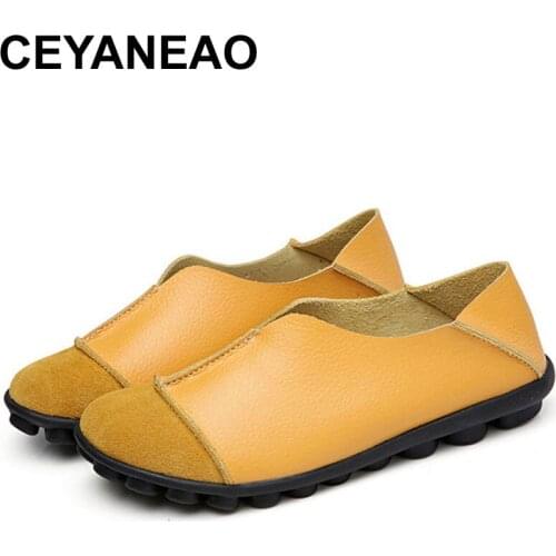CEYANEAO Genuine Leather Handmade Womens Flats 2019 Soft Slip On Women Flat Shoes Casual Woman Loafers Moccasin Plus SizeE1277