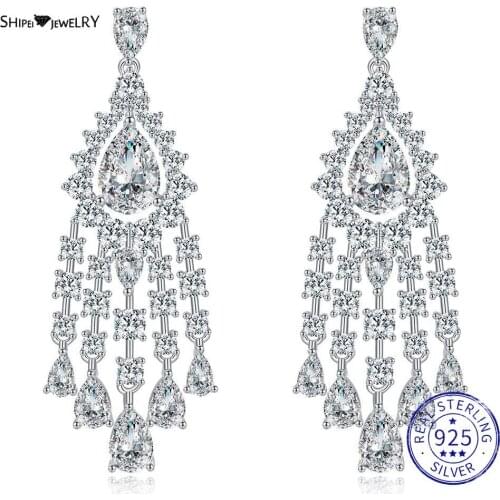 Shipei Luxury 925 Sterling Silver Created Moissanite Gemstone Tassel Drop Earrings For Women Wedding Engagement Fine Jewelry