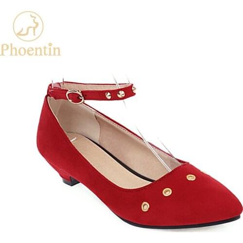 Phoentin Red womens heel shoe ankle strap pointed toe shoes kitten heels hollow out design flock material rivet pumps FT877
