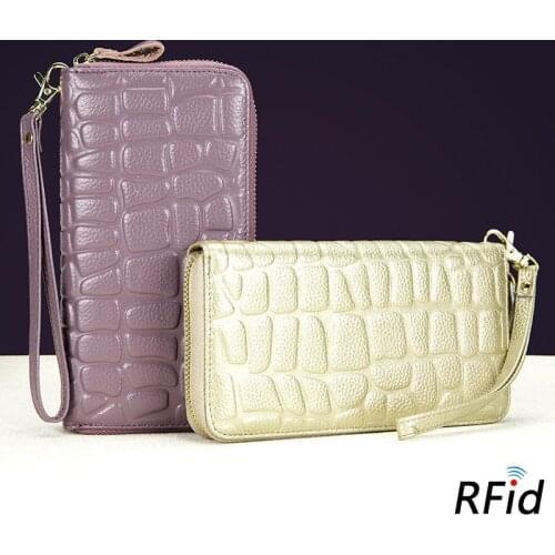Genuine Leather Wallet for Women Female RFID Blocking Wallets Big Capacity Travel Zipper Womens Purse Ladies Long Phone Purses