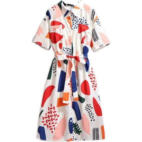 2020 oversize summer womens chiffon printed dress fashion single-breasted casual belt slim short sleeve dress plus size 6XL G90
