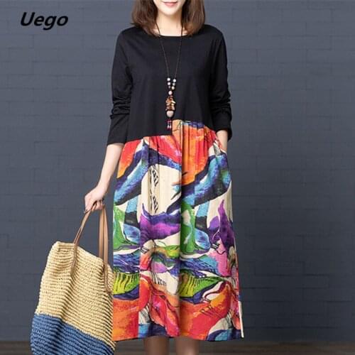 Uego Long Sleeve Autumn Dress Patchwork Cotton Linen Loose Dress Print Tie Dye vintage Dress Female Spring Midi Casual Dress