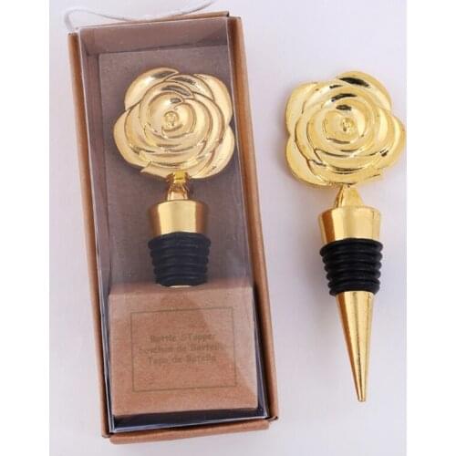 50pcs/lot Luxury Gold Rose Red Wine Stoppers With Gift Boxes Rose Flowers Wine Bottle Stopper Party Favors Wedding Giveaways