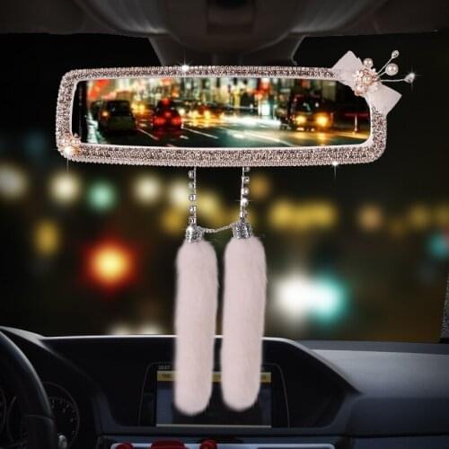Bowknot Rhinestone Car Interior Rearview Mirror Decor Charm Crystal Diamond Rear View Mirror Ornament Women Auto Accessories
