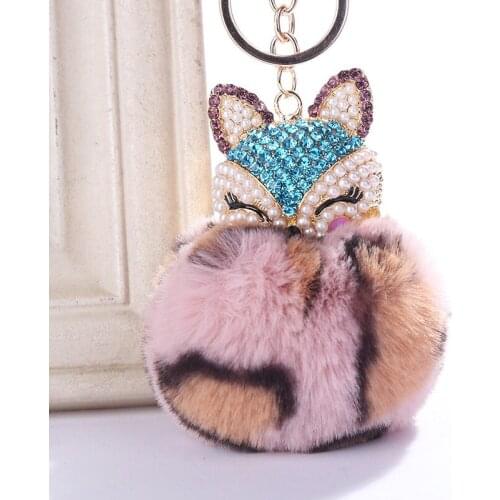 Women Trinkets Suspension On Bags Car Key Chain Lovely Crystal Faux Fox Rabbit Fur Keychains Keyrings Toy Gifts