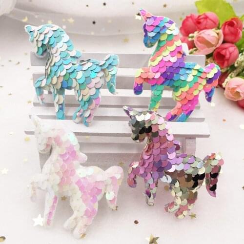 Colorful Glitter Fish Scale Sequin Padded Fabric Unicorn Applique Making Children Hair Clip Accessories DIY Craft Supplies