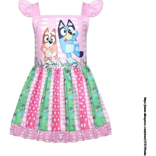 Bingo bluey Girls Summer Dress Flying Short Sleeve Cosplay Party Dress Kids Children Cute Pattern Beach Cotton Princess Costume