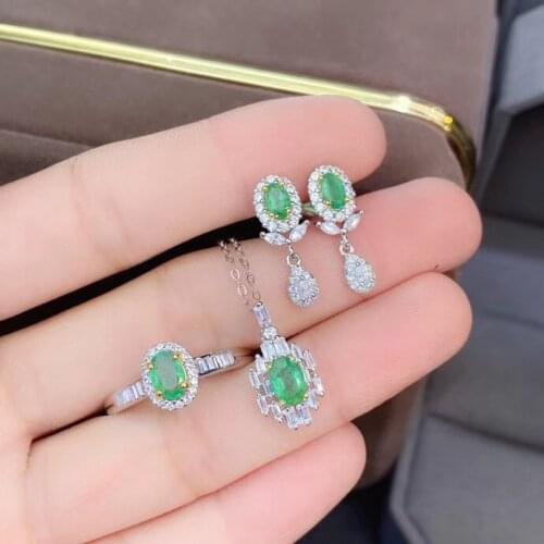 Natural Real Emerald Set 925 Sterling Silver 1pc Emerald Ring,2pcs Emerald Earring,1pc Emerald Pendant For the Party