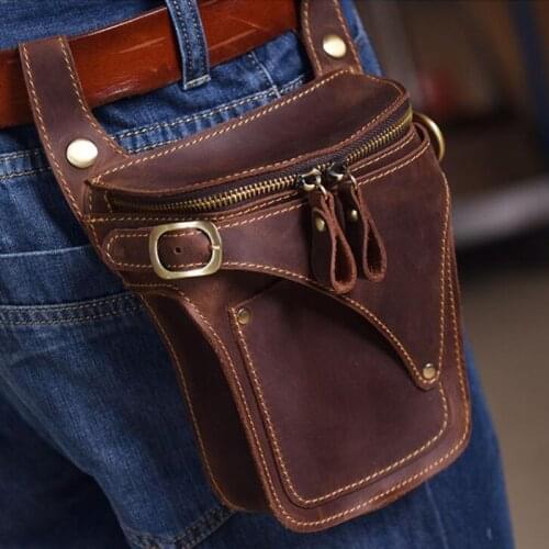 Crazy Horse Leather Motorcycle Waist Bag For Men Genuine Leather Belt Bag Vintage Mens Waist Pack Male Hip Fanny Packs Bag
