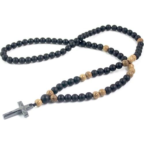Matte Black and Wood Beads 8mm with Hematite Cross Pendant Necklace Rosary Mens Jewelry NSN011