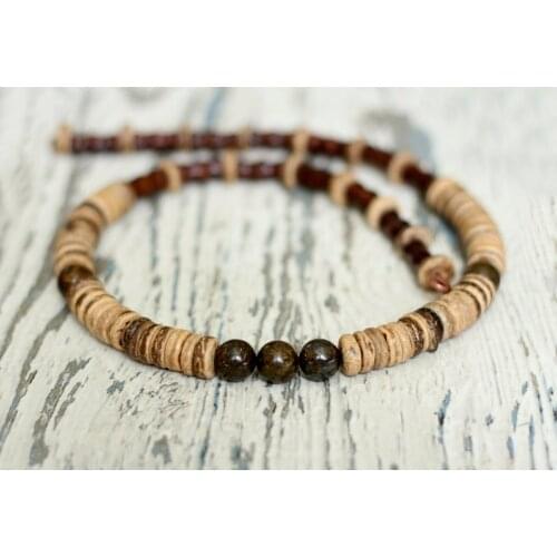 Mens necklace coconut beads brown gift for men short necklace beach tribal mala wood choker necklaces