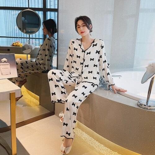 New 2021 Women Spring Autumn Cardigan Bow Simple Comfort Loose pajamas Long Sleeve Pant Female Nightgown Home Clothes 2Piece Set
