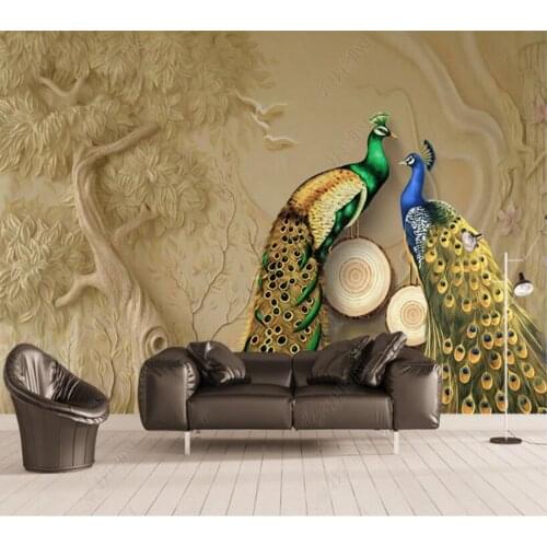 Papel de parede 3D relief big tree peacock background retro wallpaper mural,living room tv wall bedroom wall paper home decor