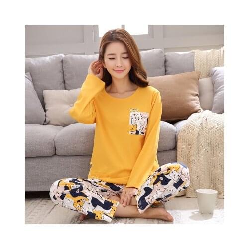 2021 Autumn Yellow Cartoon Cat Pajamas Set for Women Trousers Casual Sleepwear Kawaii Pijamas Long Sleeve Warm Woman Homewear